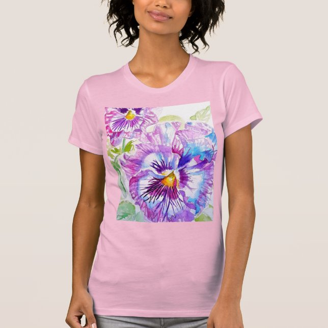 Pansy Watercolor Pattern on Purple Blue Pansies T-Shirt (Front)