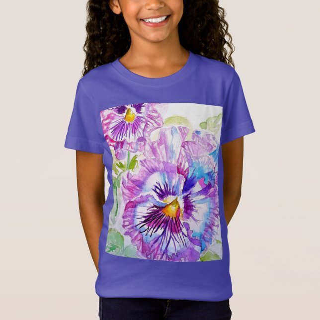 Pansy Watercolor Pattern on Purple Blue Pansies T-Shirt (Front)
