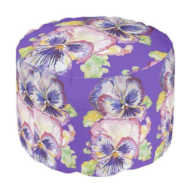 Pansy Watercolor Purple Art Floral Flowers Pouffe Pouf (Angled Back)