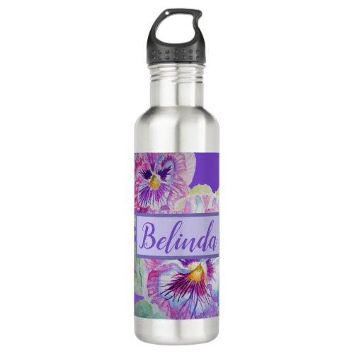 Pansy Watercolour Floral Pretty Purple Flower Stainless Steel Water Bottle