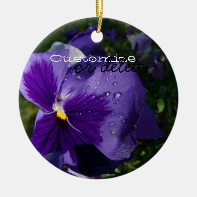 Pansy with Water Droplets; Customizable Ceramic Ornament (Front)