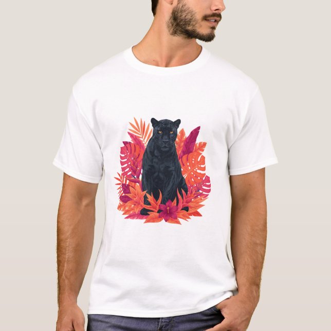 Panther among tropical foliage in warm colors T-Shirt (Front)