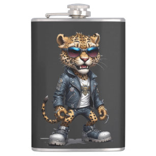 Panther Biker Rebel in Leather Jacket Cool Style Flask