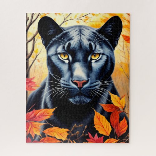 Panther Cat Autumn Leaves Art Jigsaw Puzzle