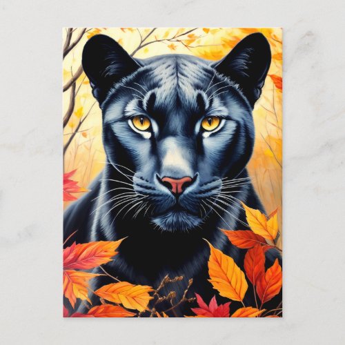 Panther Cat Autumn Leaves Art Postcard