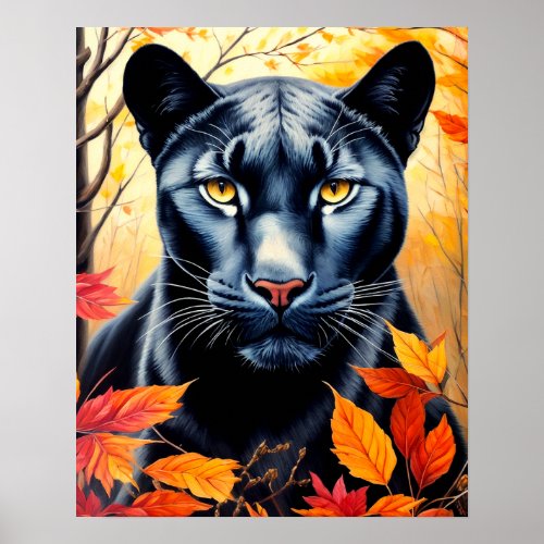 Panther Cat Autumn Leaves Art Poster