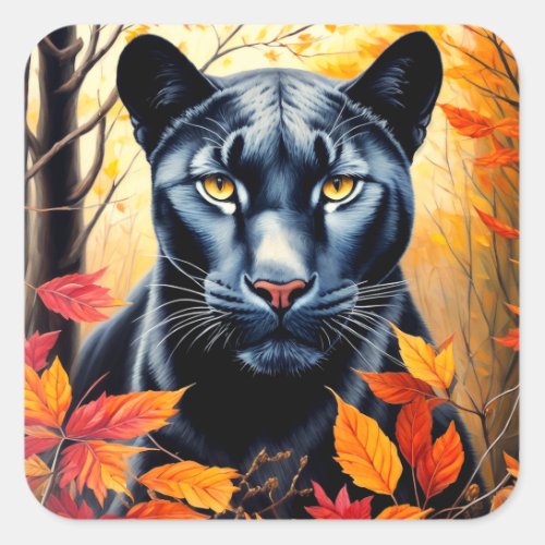 Panther Cat Autumn Leaves Art Square Sticker