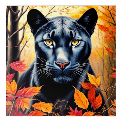 Panther Cat Autumn Leaves Painting Acrylic Art