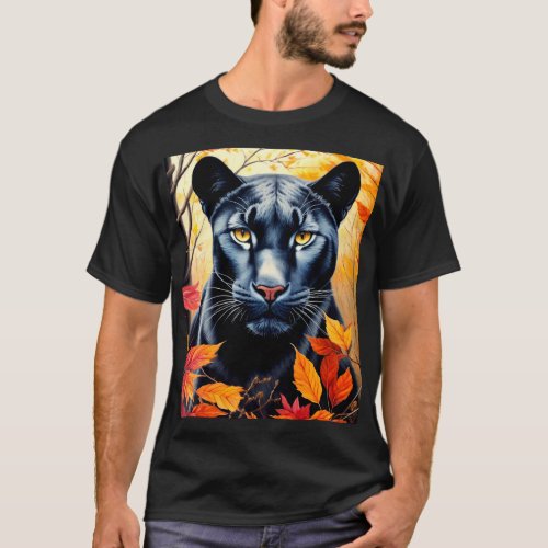 Panther Cat Autumn Leaves Painting T_Shirt