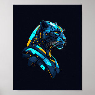 Panther Cyberpunk Mecha Black Panther Neon Poster