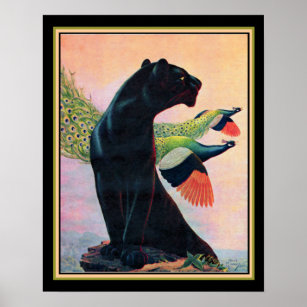 Panther & Flying Peacocks Art Deco Print-16x20 Poster