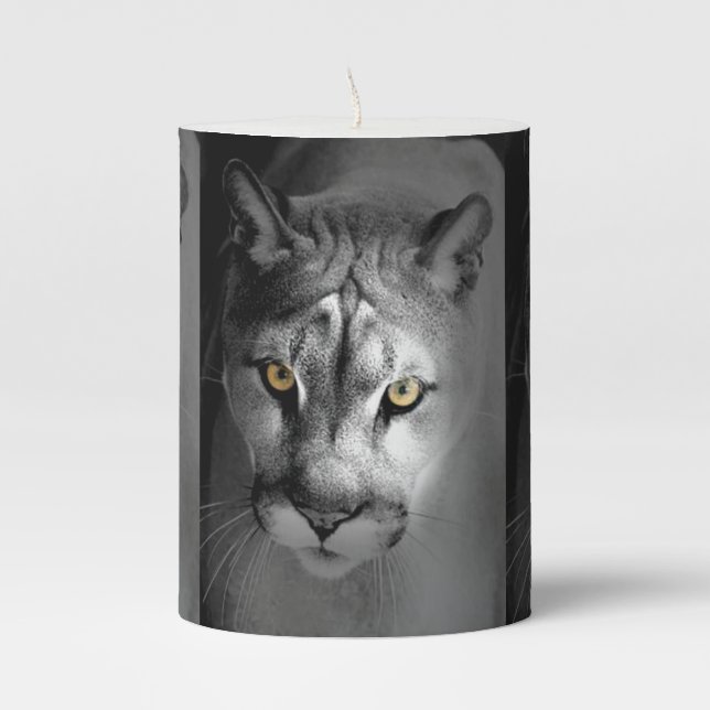 Panther in Black & White with Golden Eyes Pillar Candle (Front)
