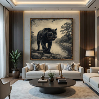 Panther on riverbank powerful animal poster