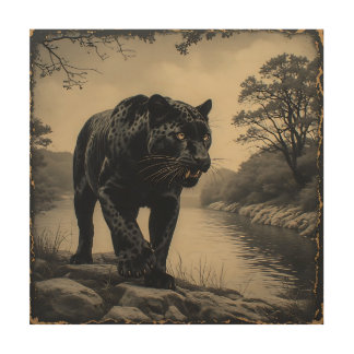 Panther on riverbank powerful animal wood wall art