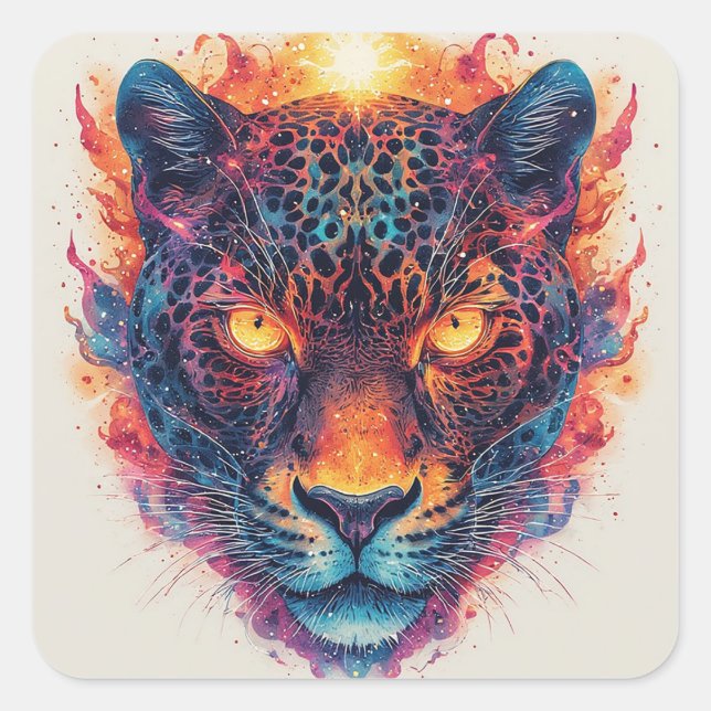 Panther Portrait with Abstract Fiery Elements Square Sticker (Front)