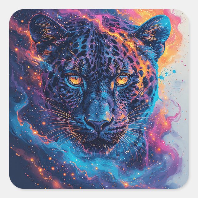 Panther Portrait with Abstract Fiery Elements Square Sticker (Front)