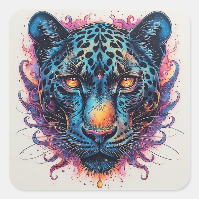 Panther Portrait with Abstract Fiery Elements Square Sticker (Front)
