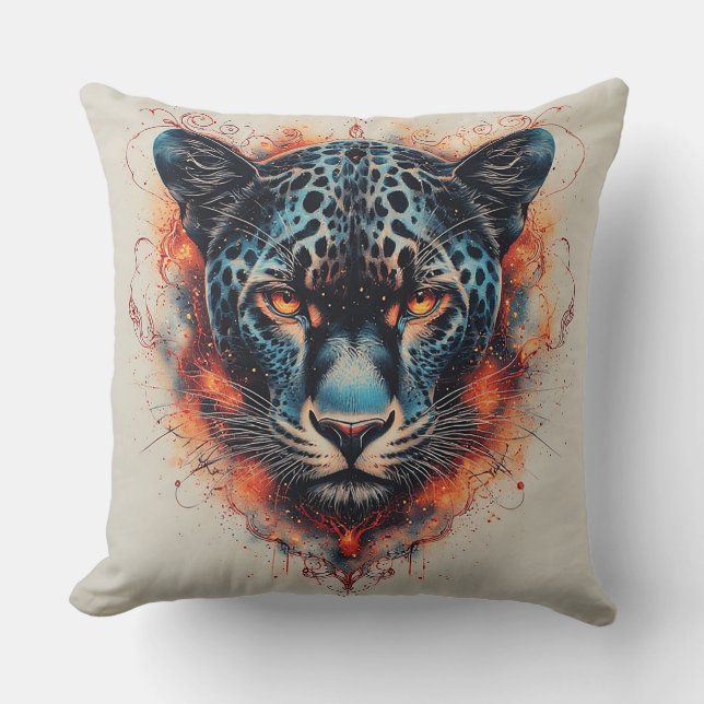 Panther Portrait with Abstract Fiery Elements Throw Pillow (Front)
