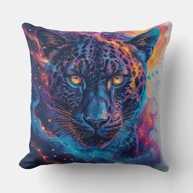 Panther Portrait with Abstract Fiery Elements Throw Pillow (Front)