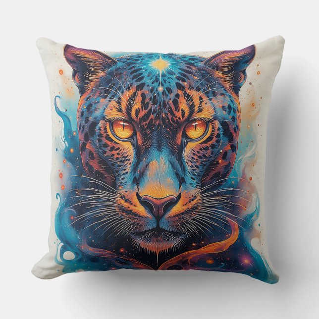 Panther Portrait with Abstract Fiery Elements Throw Pillow (Front)