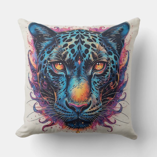 Panther Portrait with Abstract Fiery Elements Throw Pillow (Front)