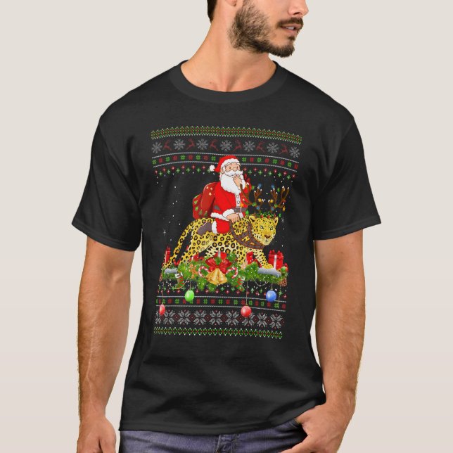 Panther   Ugly Santa Riding Panther Christmas T-Shirt (Front)