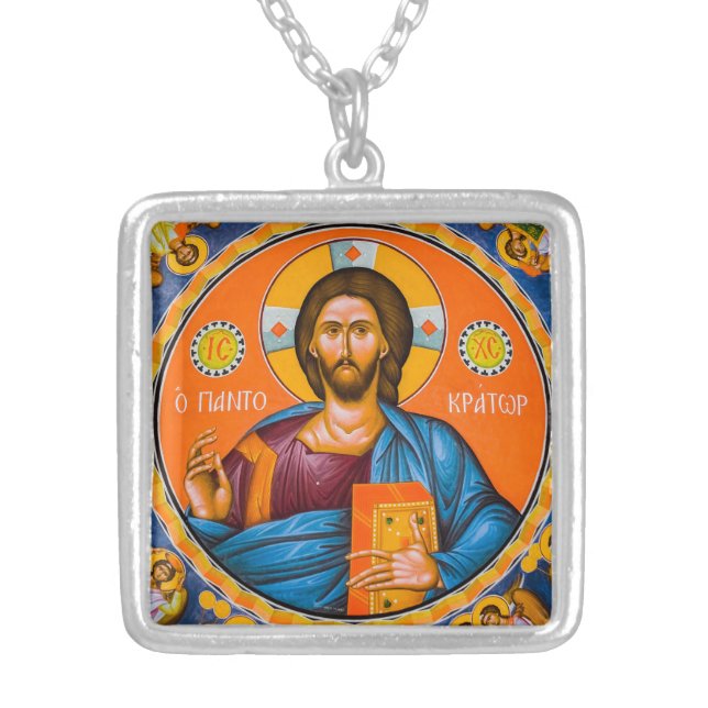 Pantocrator, Jesus Christ, Lord of All Silver Plated Necklace (Front)