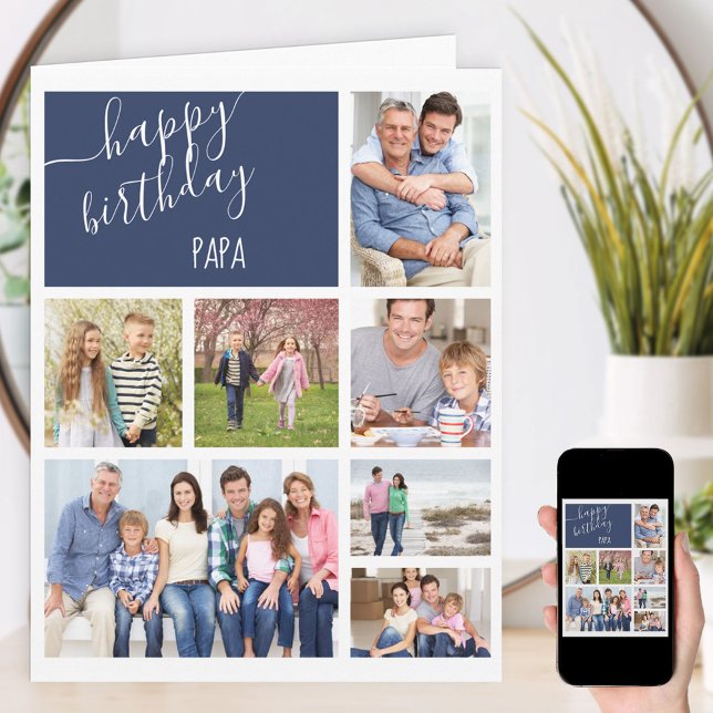 Papa 7 Photo Collage Blue Personalized Birthday Card (Creator Uploaded)