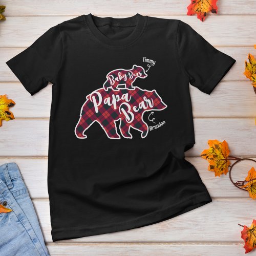 Papa Bear Baby Father Dad Custom Name Plaid Style T_Shirt