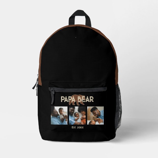 Papa Bear Father Year Established 3 Photo Printed Backpack (Front)