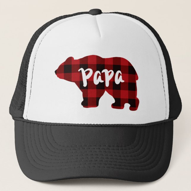 Papa Bear - Red and Black buffalo plaid Trucker Hat (Front)