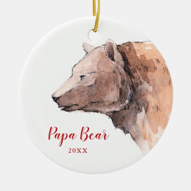 Papa Bear Watercolor Dated Personalized Daddy  Ceramic Ornament (Front)