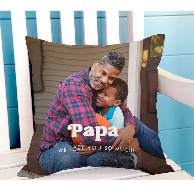 Papa | Boho Text Overlay with Two Photos Throw Pillow (Creator Uploaded)
