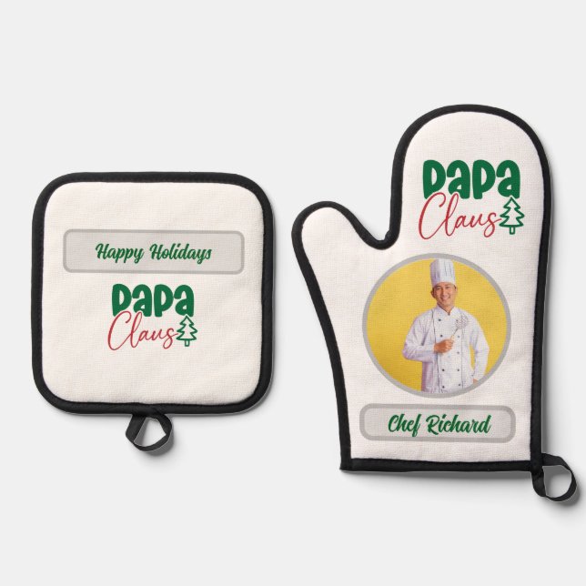 Papa Clause Chef Personalized Photo and Name Gift Oven Mitt & Pot Holder Set (Front)