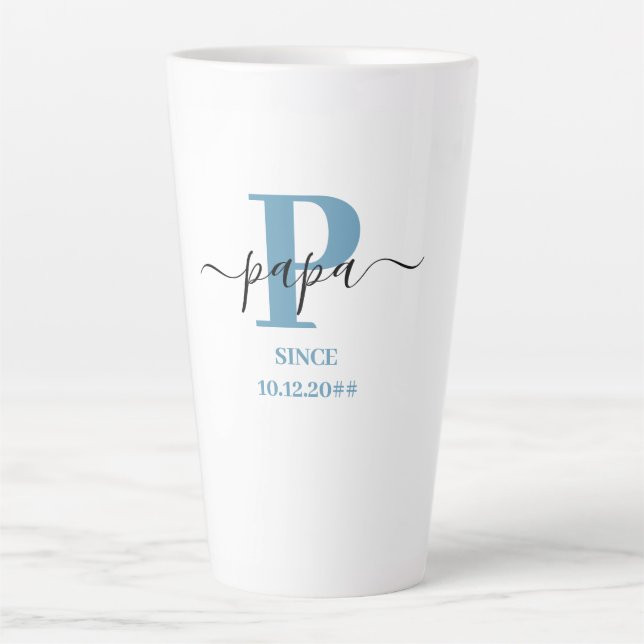 Papa Elegant Script Monogram Blue White Latte Mug (Front)