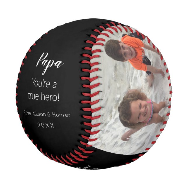 Papa Hero Grandkids Photo Keepsake Personalized Baseball (Angled)