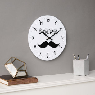 Papa Men's Mustache Black & White Large Clock