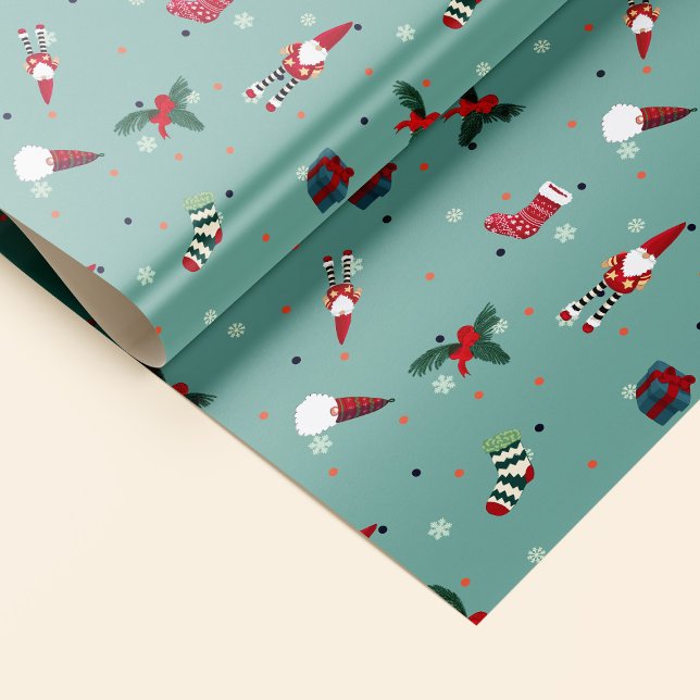 Papa Noel, Christmas socks and gifts Wrapping Paper (Charming wrapping paper with Santa Claus, socks and presents on turquoise background with snowflakes)