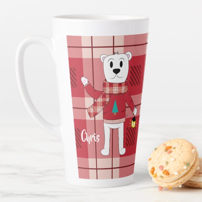 Papa Polar Bear Red Plaid Holiday Latte Mug (In Situ)
