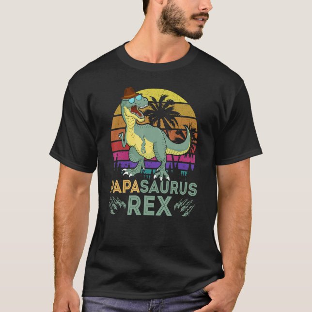 Papa Saurux Rex Dinosaur Retro Sunset Palm Tree Fa T-Shirt (Front)