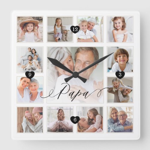 Papa Script Family Memory Photo Grid Collage Square Wall Clock