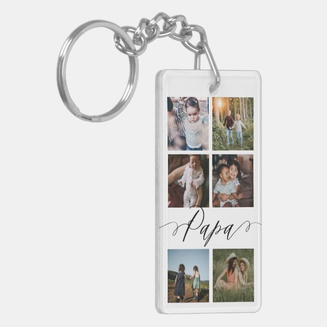 Papa Script | Grandchildren Photo Grid Collage Keychain (Front Left)