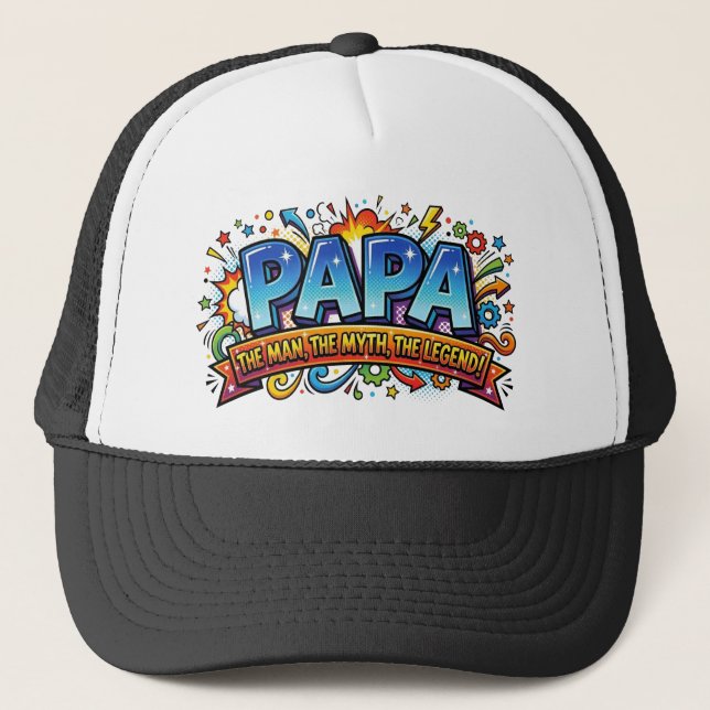 Papa The Man The Myth The Legend Funny Comic Retro Trucker Hat (Front)