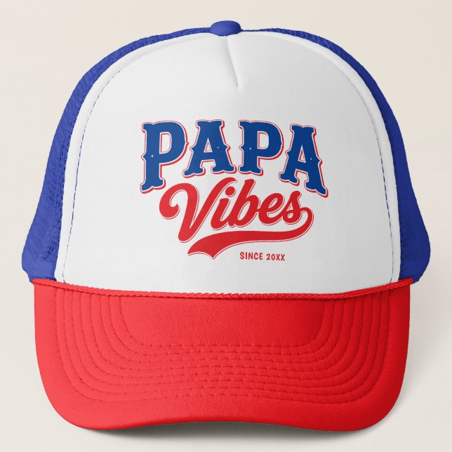 Papa Vibes Red Blue Retro Trucker Design Hat (Front)