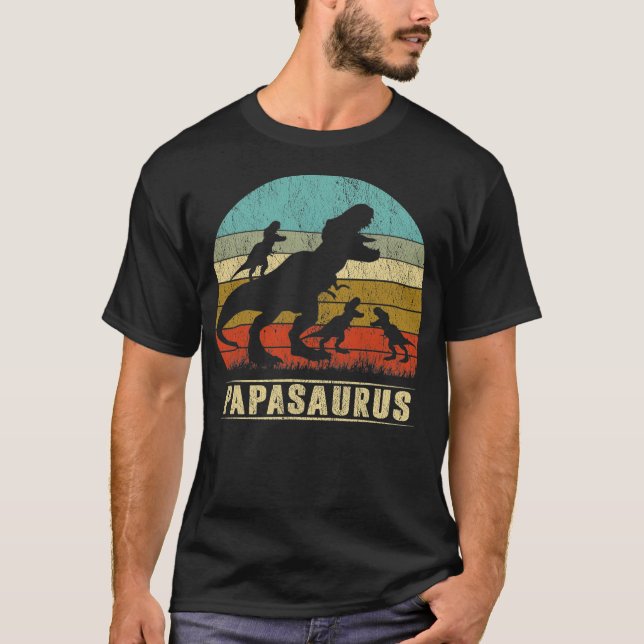 Papasaurus T Rex Papa Dinosaur 3 three Kids T-Shirt (Front)