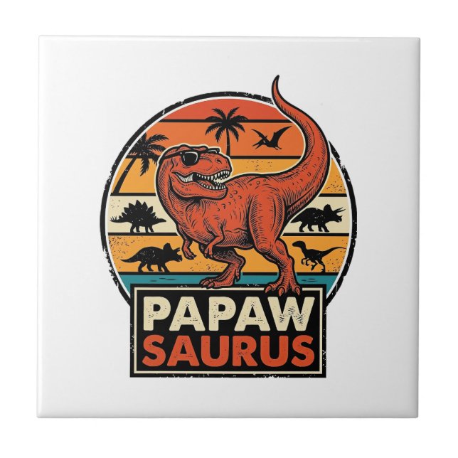 Papawsaurus Retro Dinosaur Sunset Vector Design_1 Ceramic Tile (Front)