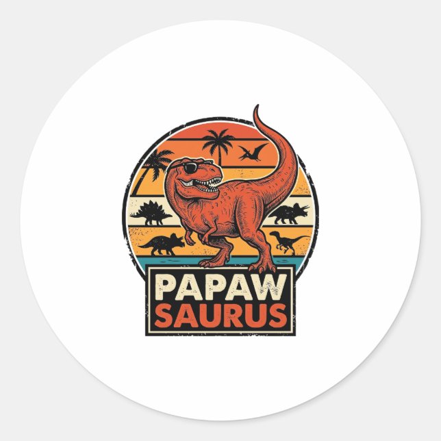 Papawsaurus Retro Dinosaur Sunset Vector Design_1 Classic Round Sticker (Front)