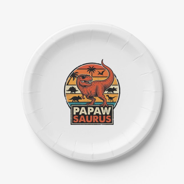 Papawsaurus Retro Dinosaur Sunset Vector Design_1 Paper Plates (Front)