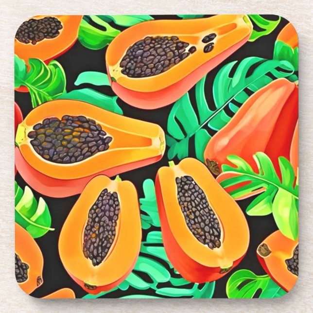 Papaya and Leaves Fresh Pattern Beverage Coaster (Front)