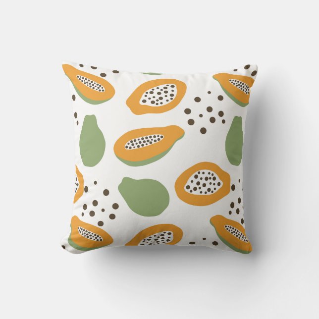 Papaya Fruit Pattern Terracotta Orange and Green Throw Pillow (Front)